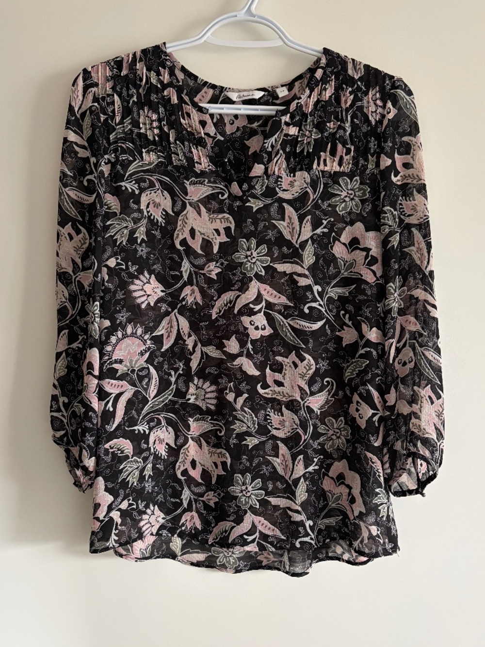EUC Reitmans V-Neck Floral Pattern Peasant Blouse Pleats 3/4-Length Sleeve Small